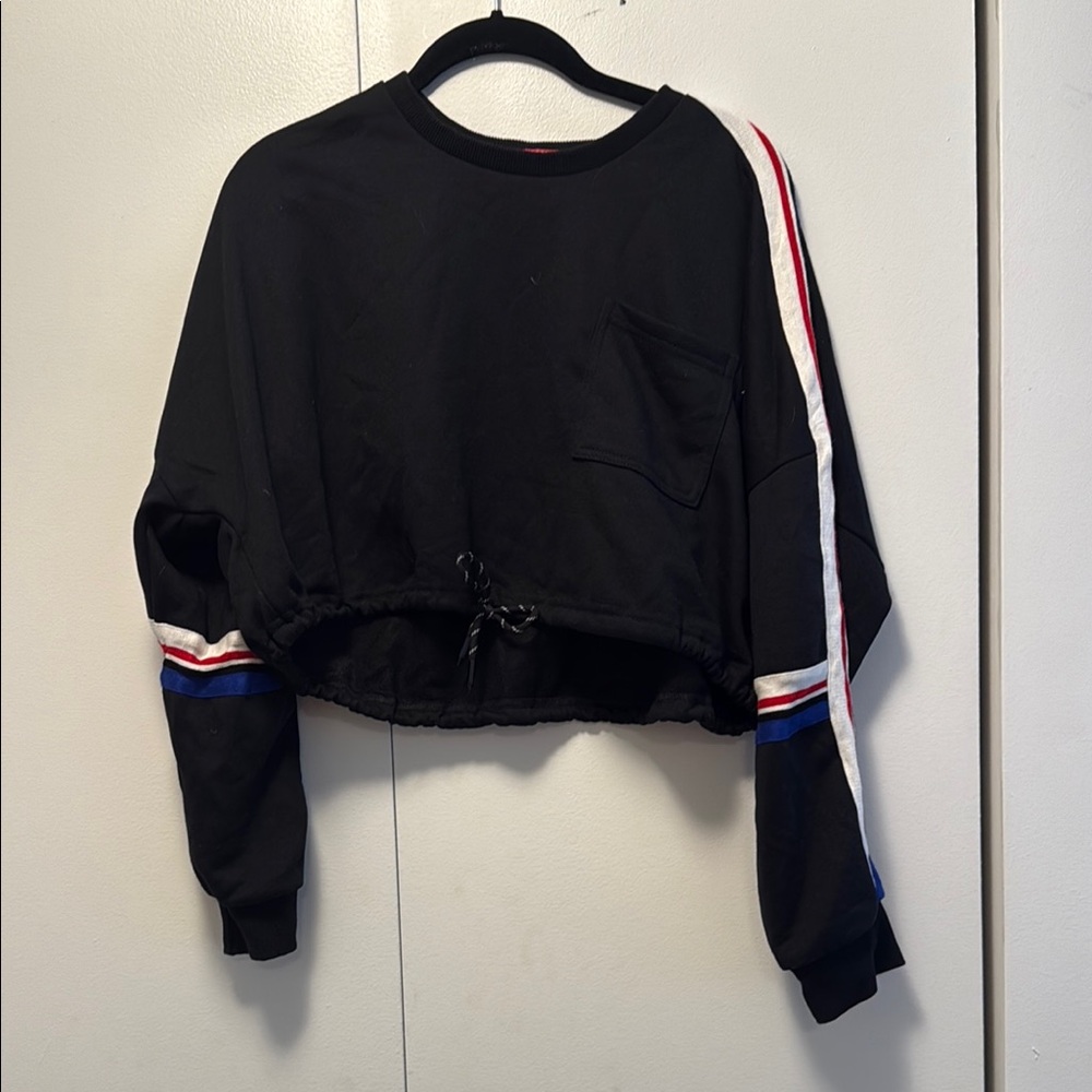 Signature8 Black Crew Neck Sweater with Red and Blue Stripes